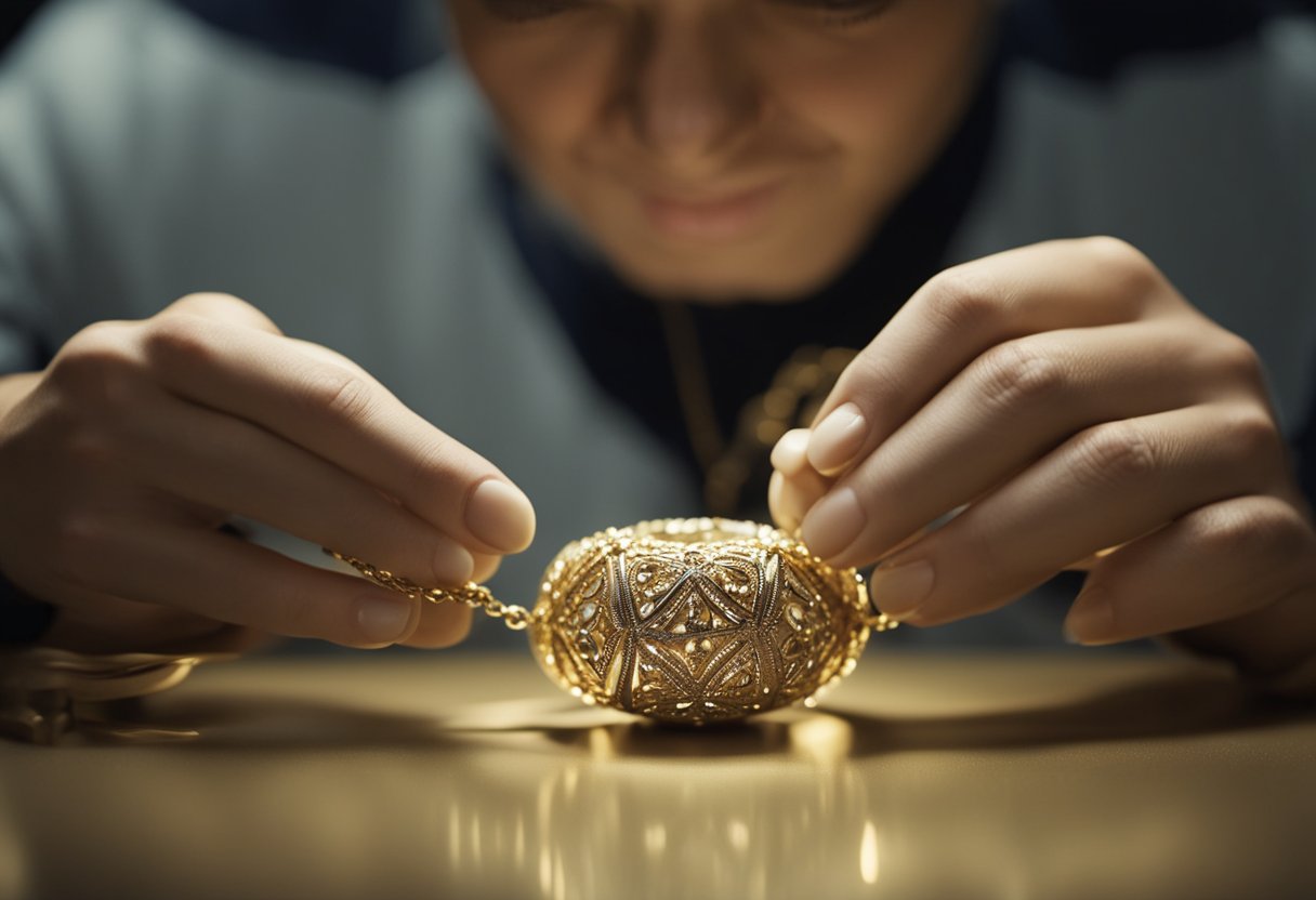 A jeweler carefully polishing a delicate gold necklace with a soft cloth, ensuring every intricate detail shines under the warm glow of a spotlight