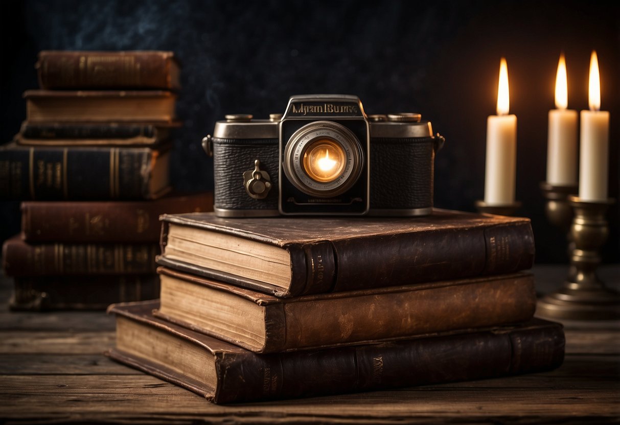 A stack of old books and a vintage photograph album lie open on a worn wooden table, surrounded by flickering candlelight