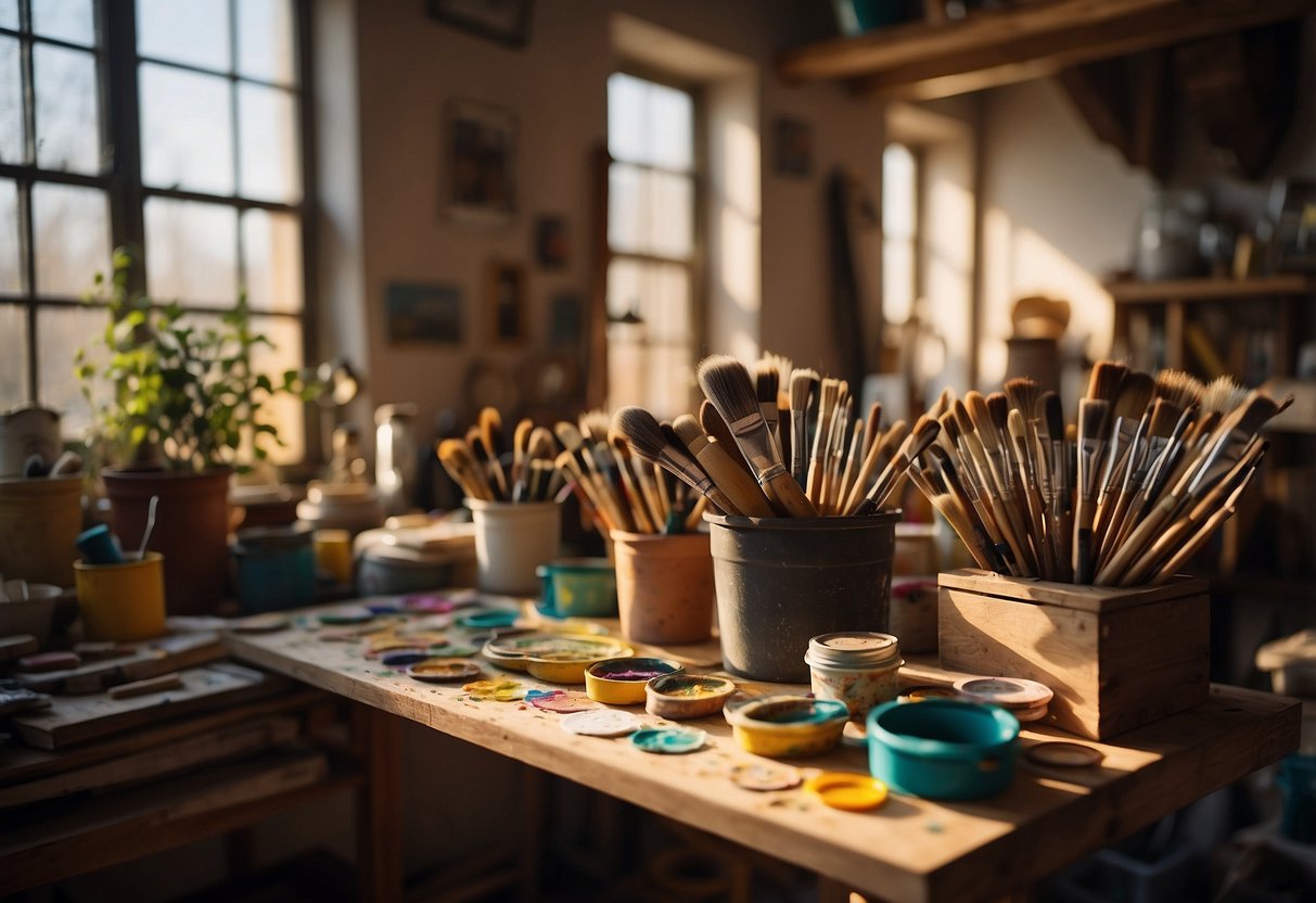 A cozy, cluttered artist's studio filled with paintbrushes, canvases, and colorful palettes. Sunlight streams through a large window, casting a warm glow over the space