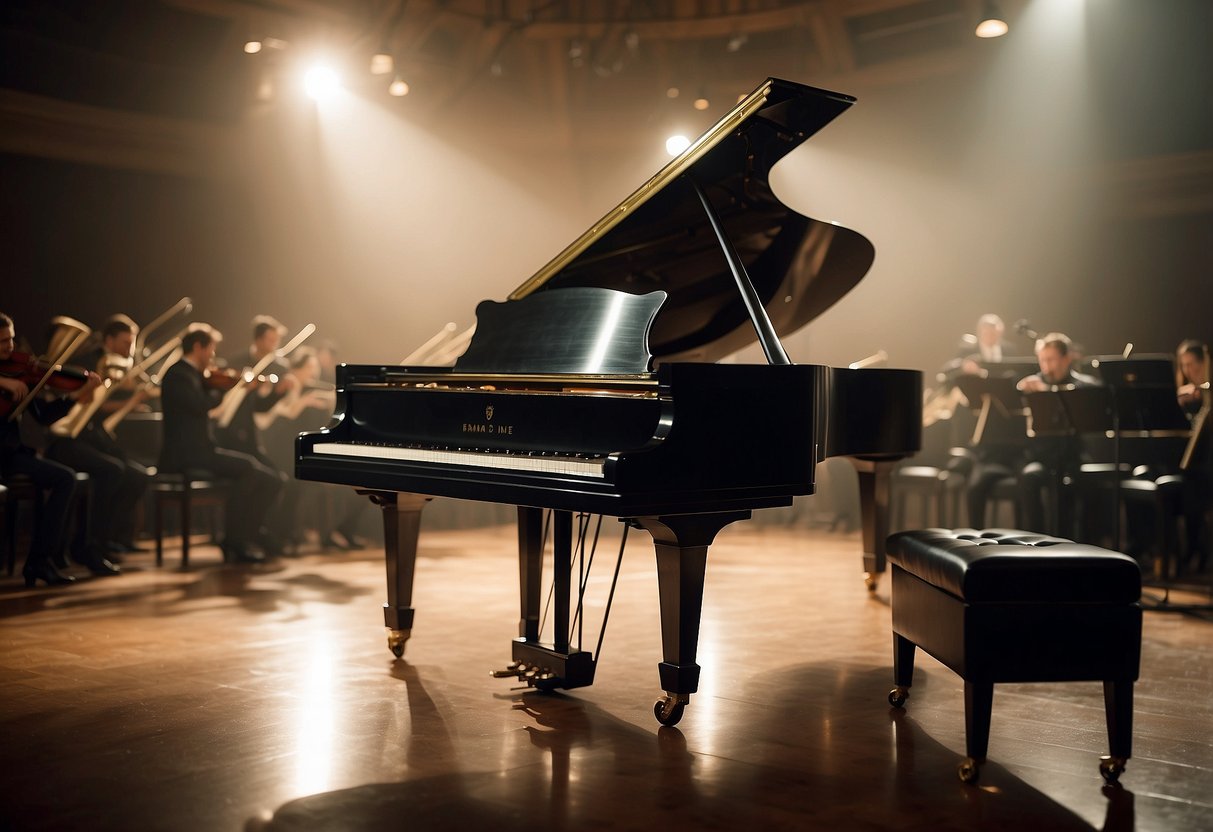 A grand piano sits in the center of a dimly lit concert hall, surrounded by elegant musical instruments and sheet music. The room is filled with a sense of anticipation and reverence for the upcoming performance