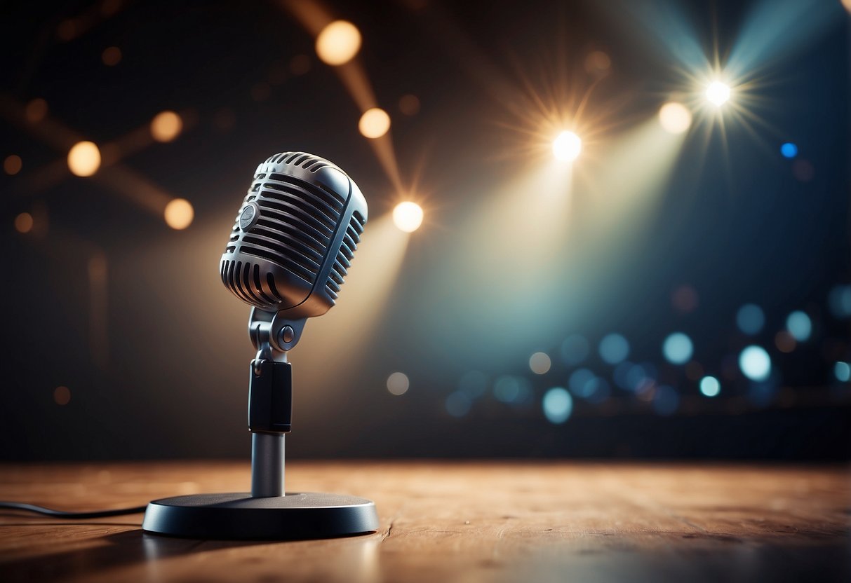 A stage with a microphone, music notes floating in the air, and a spotlight shining down