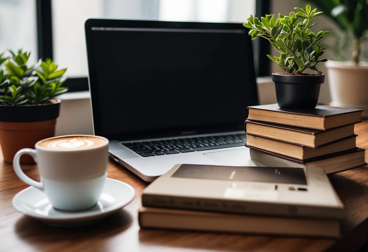 A stack of books and a laptop on a desk, with a cup of coffee and a potted plant nearby