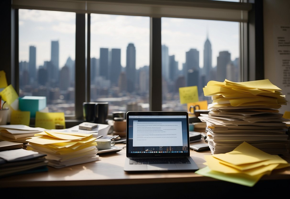 A cluttered desk with a laptop, books, and papers. A wall covered in post-it notes and a whiteboard with scribbles. An open window revealing a city skyline