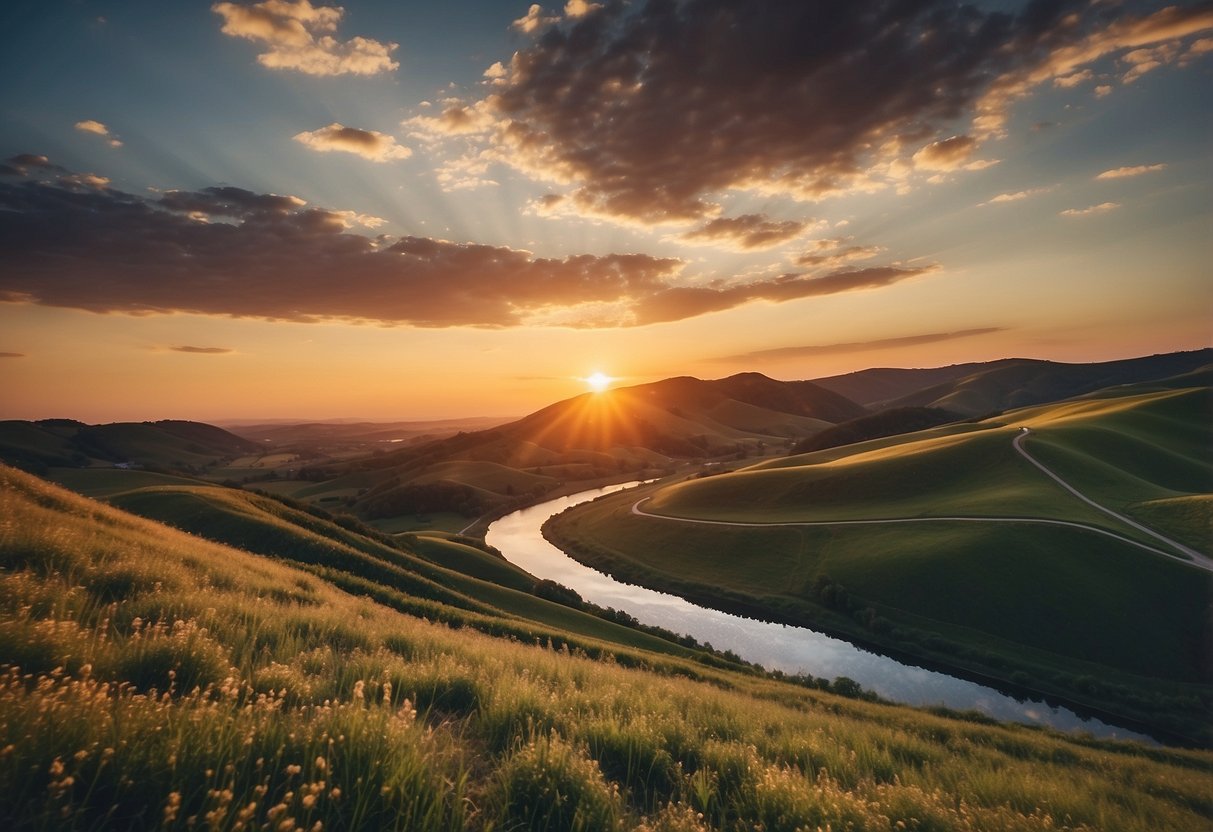 A serene landscape with rolling hills, a winding river, and a colorful sunset in the background