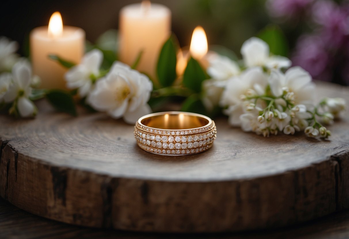 A wedding ring on a table, surrounded by flowers and candles