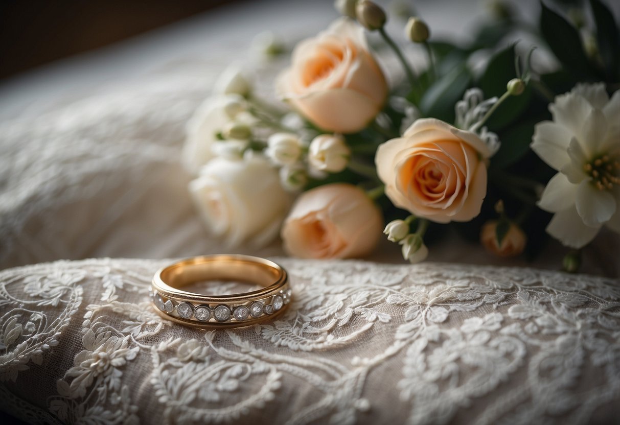 A wedding ring resting on a lace pillow, surrounded by delicate flowers and soft candlelight