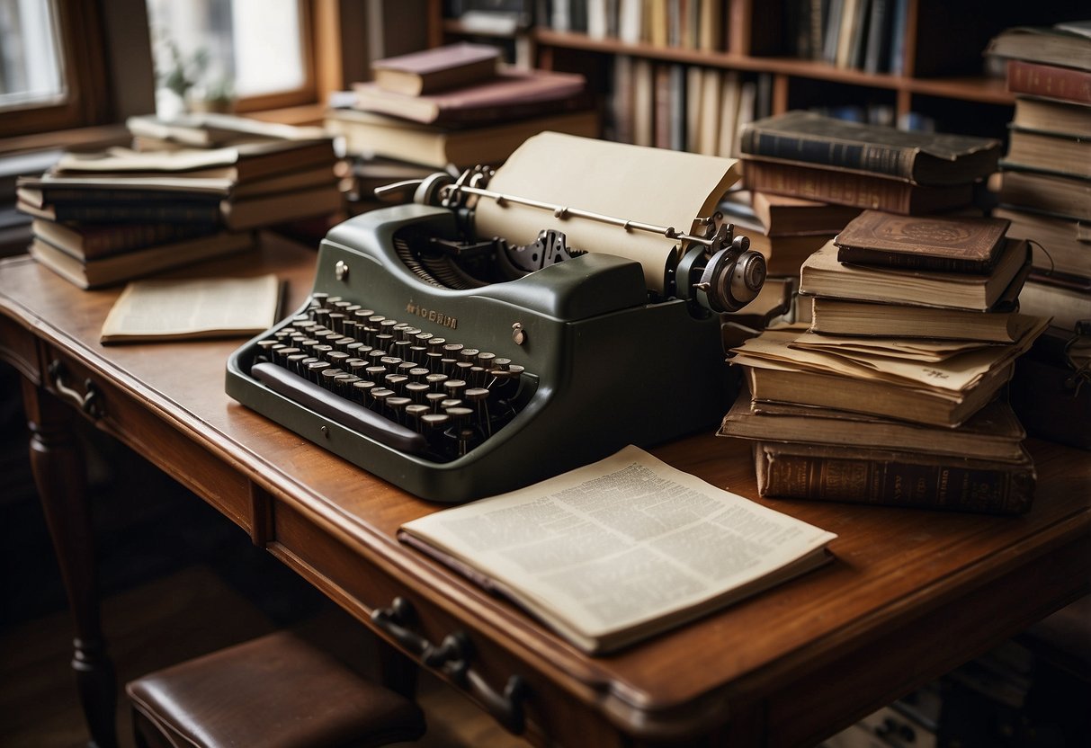 Marius Darschin's biography: a cluttered desk with scattered papers, a vintage typewriter, and shelves filled with books