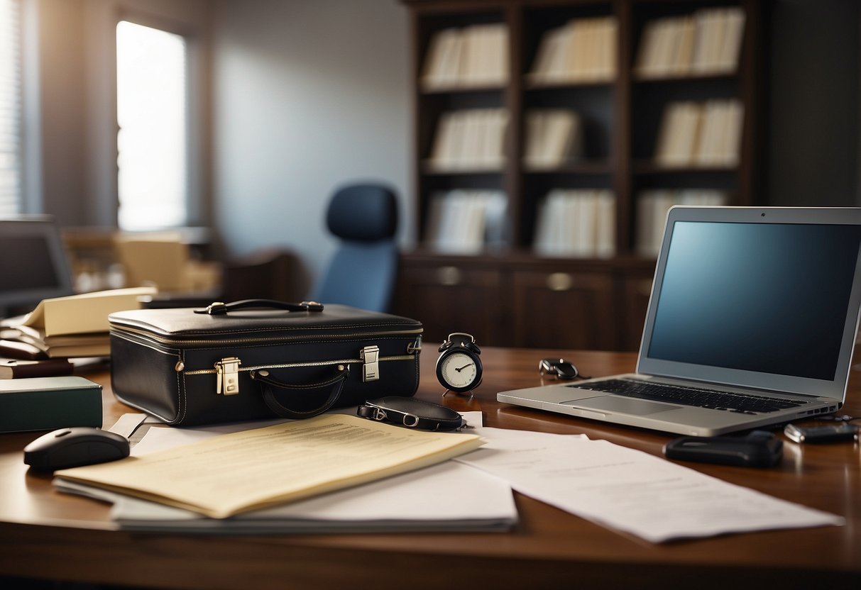 A desk cluttered with papers and a computer, a diploma hanging on the wall, and a briefcase by the door