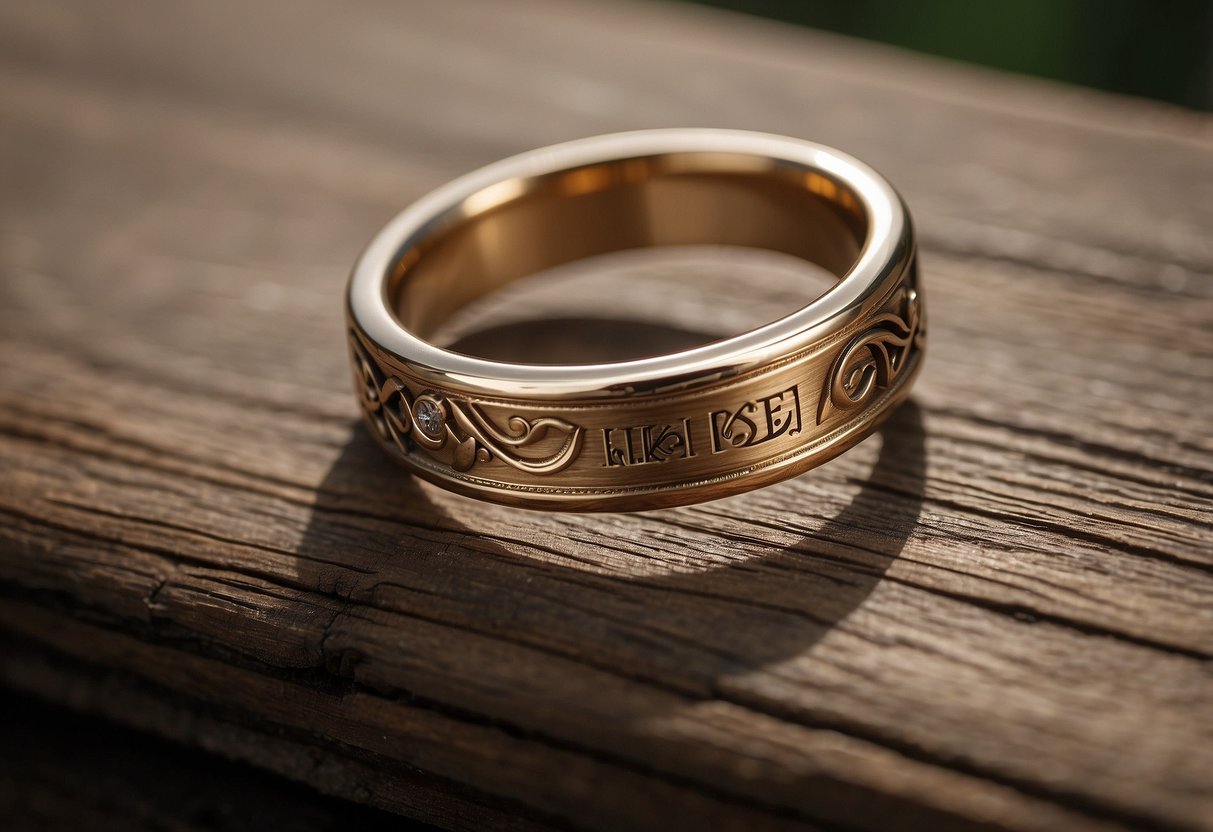 A wedding ring on a table with two intertwined initials carved into the wood