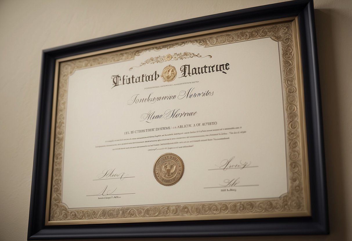 A diploma hanging on an office wall, next to a framed certificate of marriage