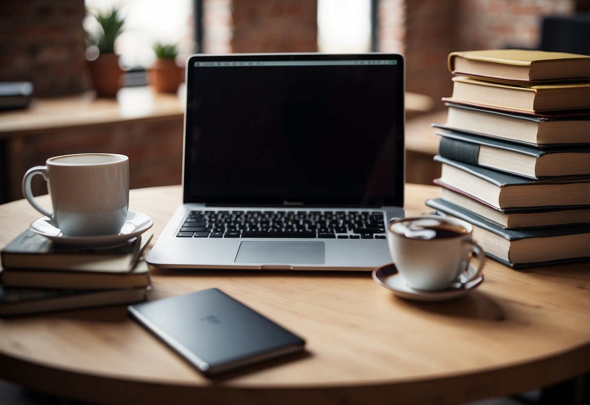 A stack of open books with a laptop on a desk, surrounded by scattered papers and pens. A mug of coffee sits next to the laptop