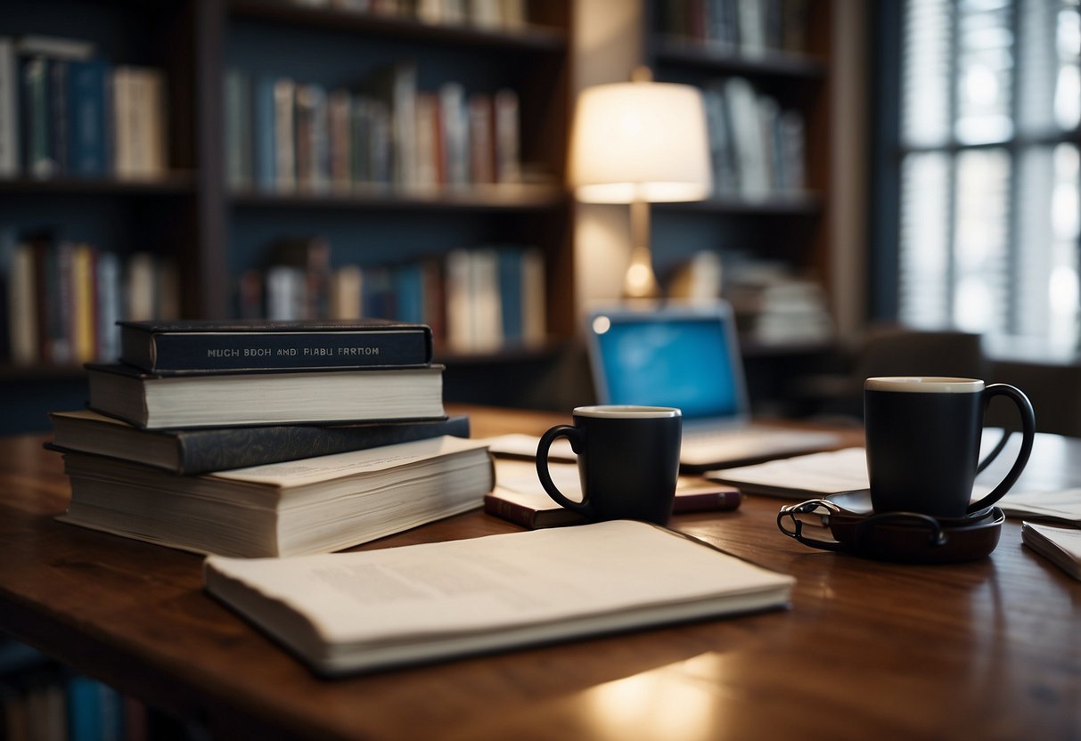 A desk cluttered with papers, a computer, and a cup of coffee. A diploma hangs on the wall. A bookshelf filled with professional development books