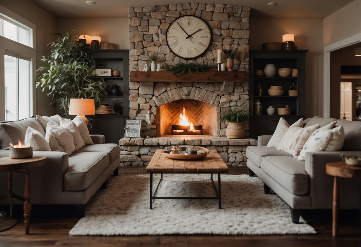 A cozy living room with a crackling fireplace, a warm rug, and family photos adorning the walls