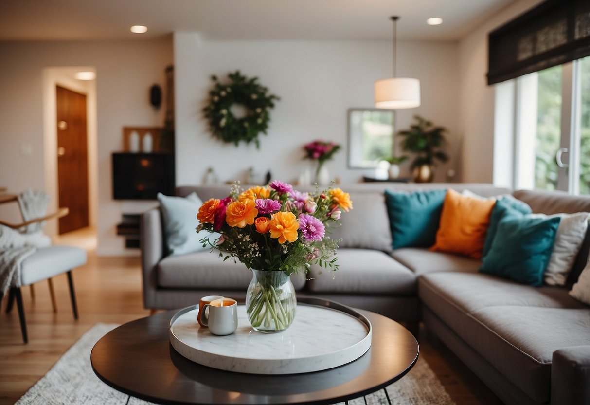 A cozy living room with a fireplace, family photos on the wall, and a comfortable sofa with colorful pillows. A dining table set for a family meal with a vase of fresh flowers