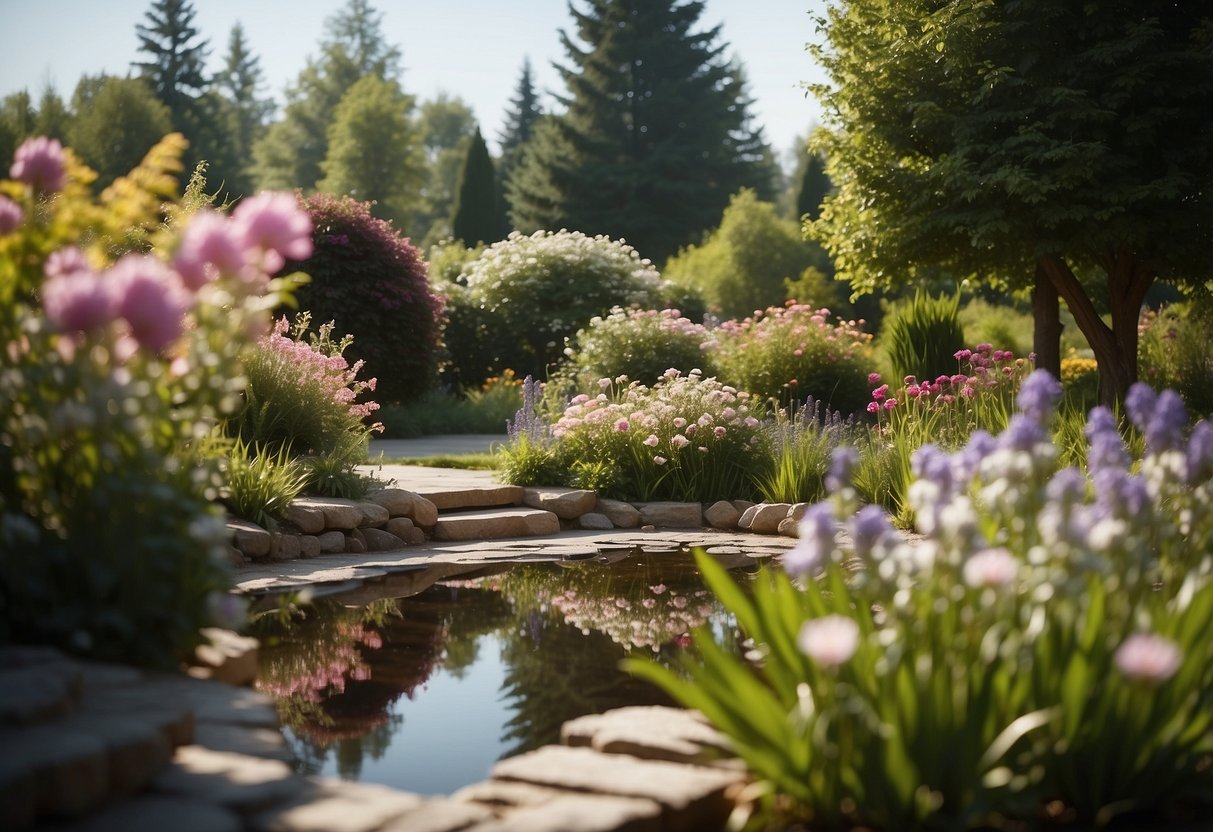 A serene garden with vibrant flowers and a gentle breeze, a small pond reflecting the surrounding greenery, and a peaceful atmosphere