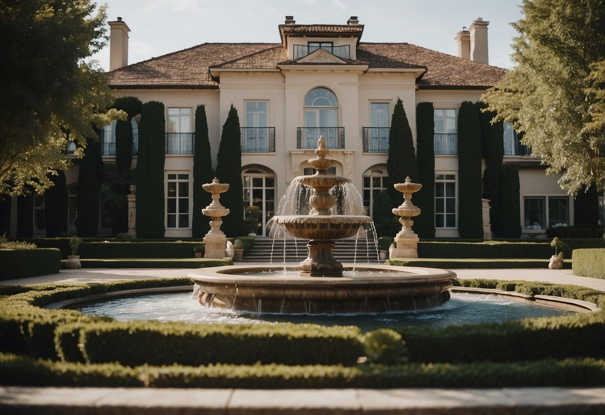 A lavish mansion with a grand entrance, luxury cars in the driveway, and a sprawling garden with a fountain