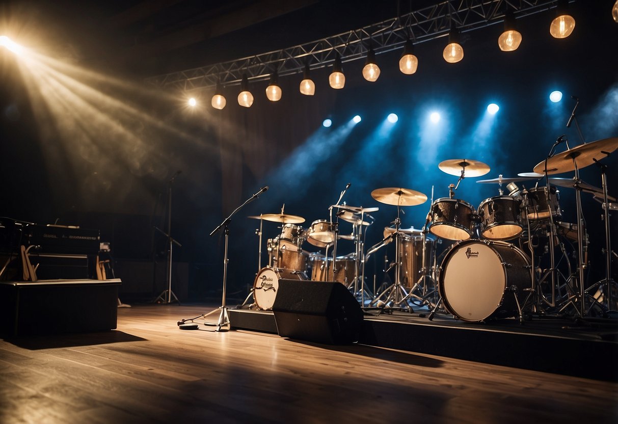 A stage with musical instruments and posters of influential artists