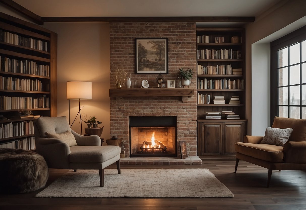 A cozy living room with a crackling fireplace and a warm, inviting atmosphere. A bookshelf filled with well-loved novels and a comfortable armchair in the corner