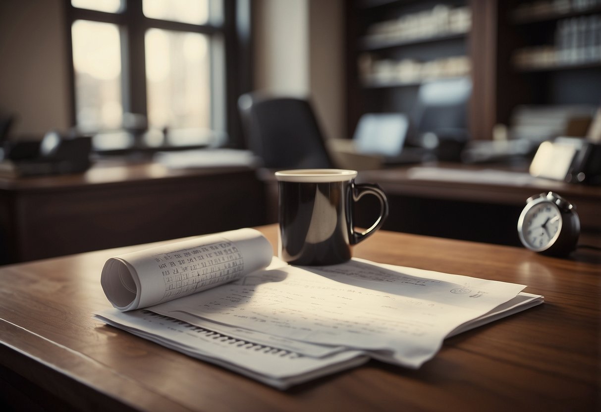 A desk cluttered with papers, a computer, and a cup of coffee. A diploma hangs on the wall behind the desk, while a calendar marks important dates