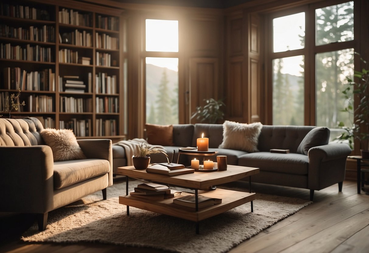 A cozy living room with a warm fireplace, a soft rug, and a comfortable sofa. A bookshelf filled with books and a large window letting in natural light