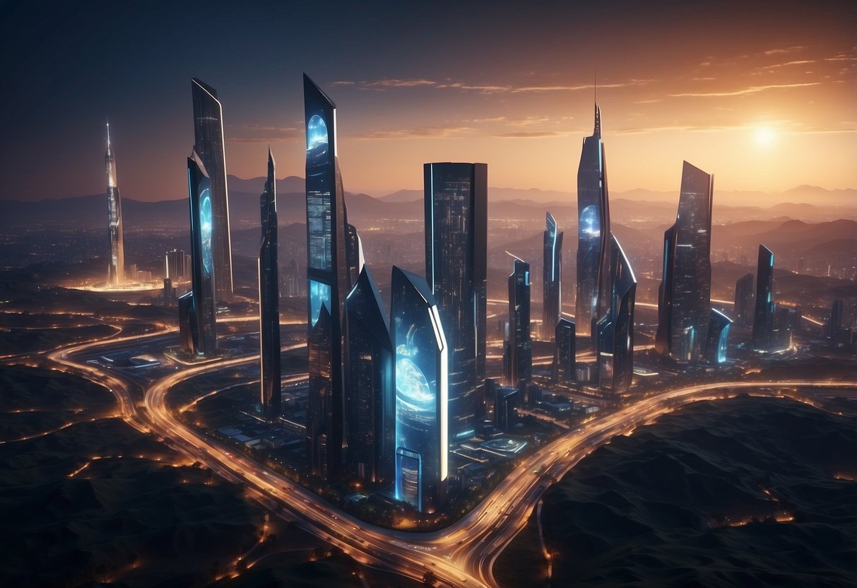 A futuristic cityscape with holographic billboards and sleek, towering buildings against a backdrop of a starry night sky