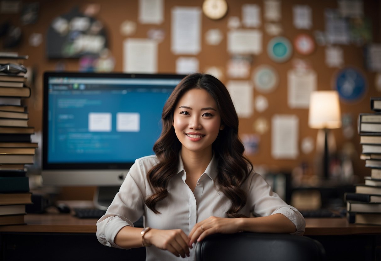 A young woman, Lola Tung, starts her career in 2023. She is seen in a professional setting, surrounded by books, a computer, and a diploma on the wall