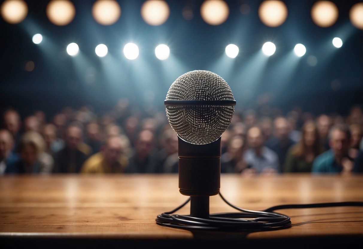 Karriere und musikalische Erfolge: a spotlight on a stage, with musical notes floating in the air and a crowd cheering in the background