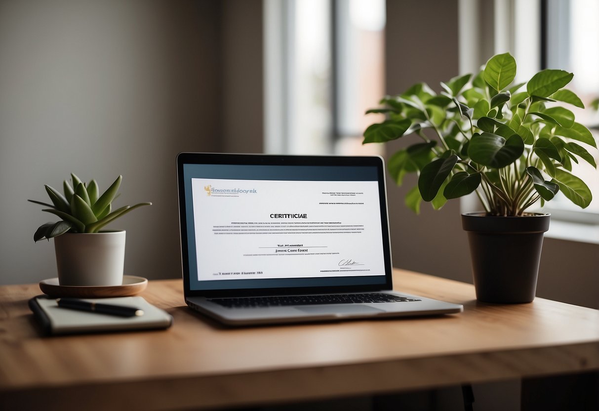 A desk with a laptop, a stack of papers, and a pen. A framed certificate on the wall. A plant on the windowsill