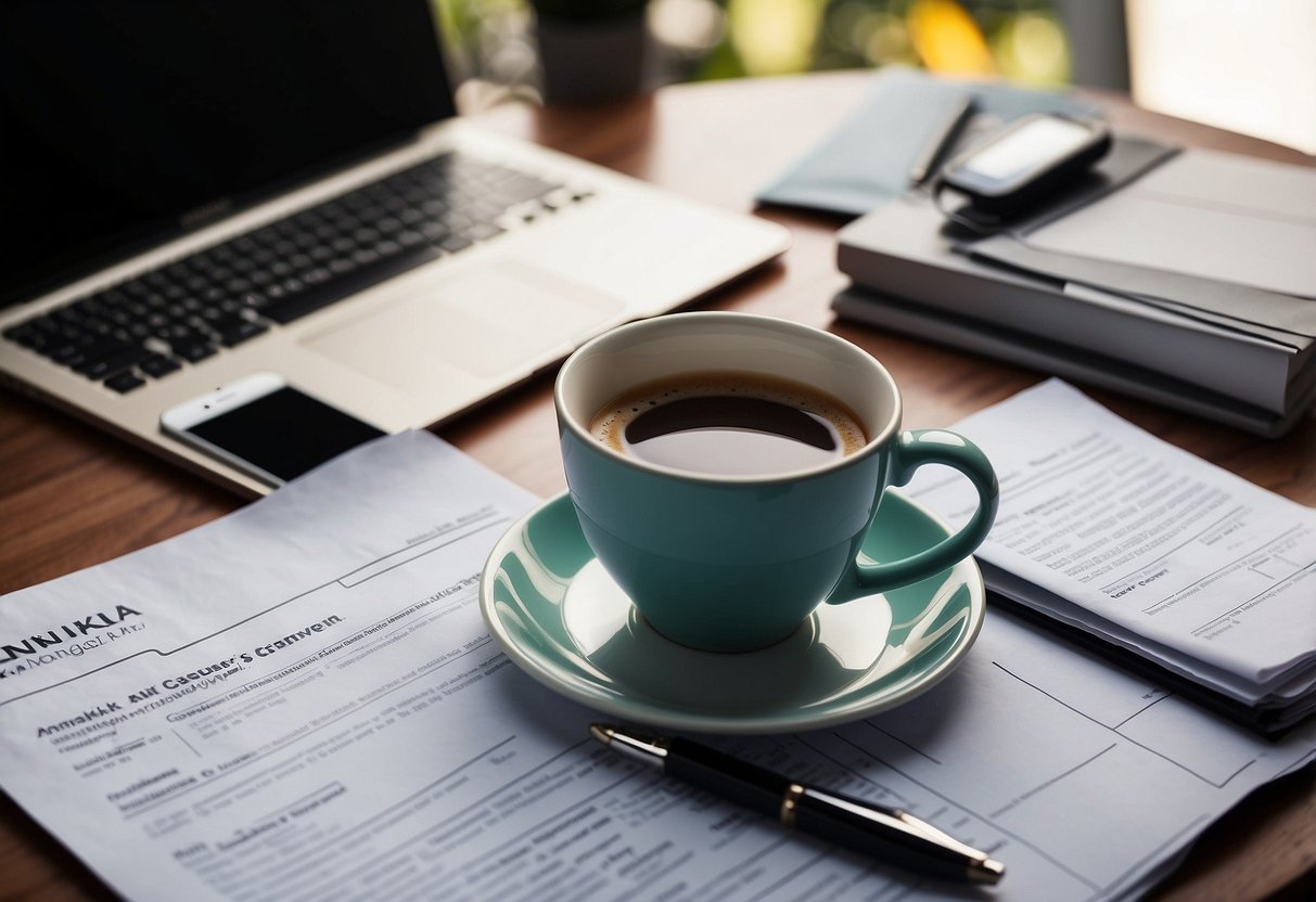 A desk cluttered with papers, a laptop, and a cup of coffee. A resume with the name "Annika Gassner" at the top. A pen poised to write