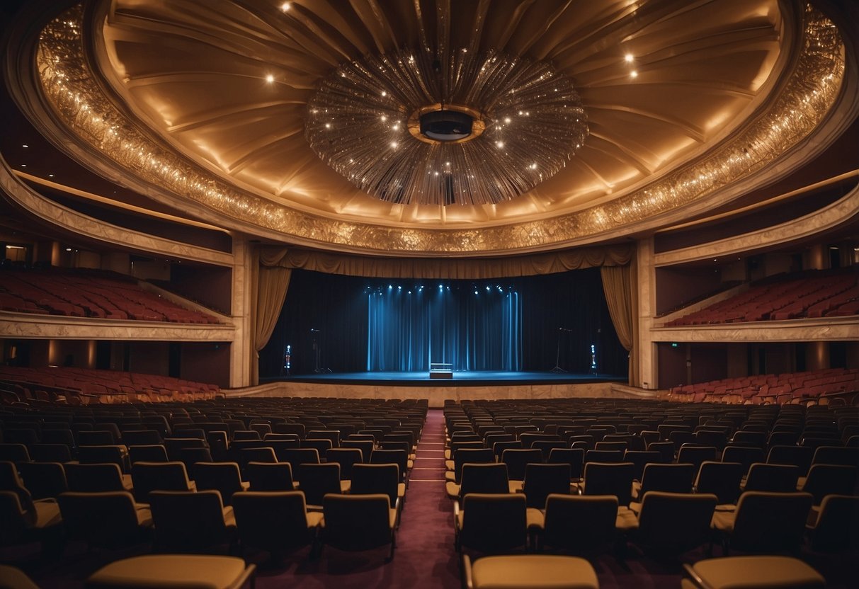 A luxurious concert hall with a grand stage, elegant chandeliers, and rows of plush seating