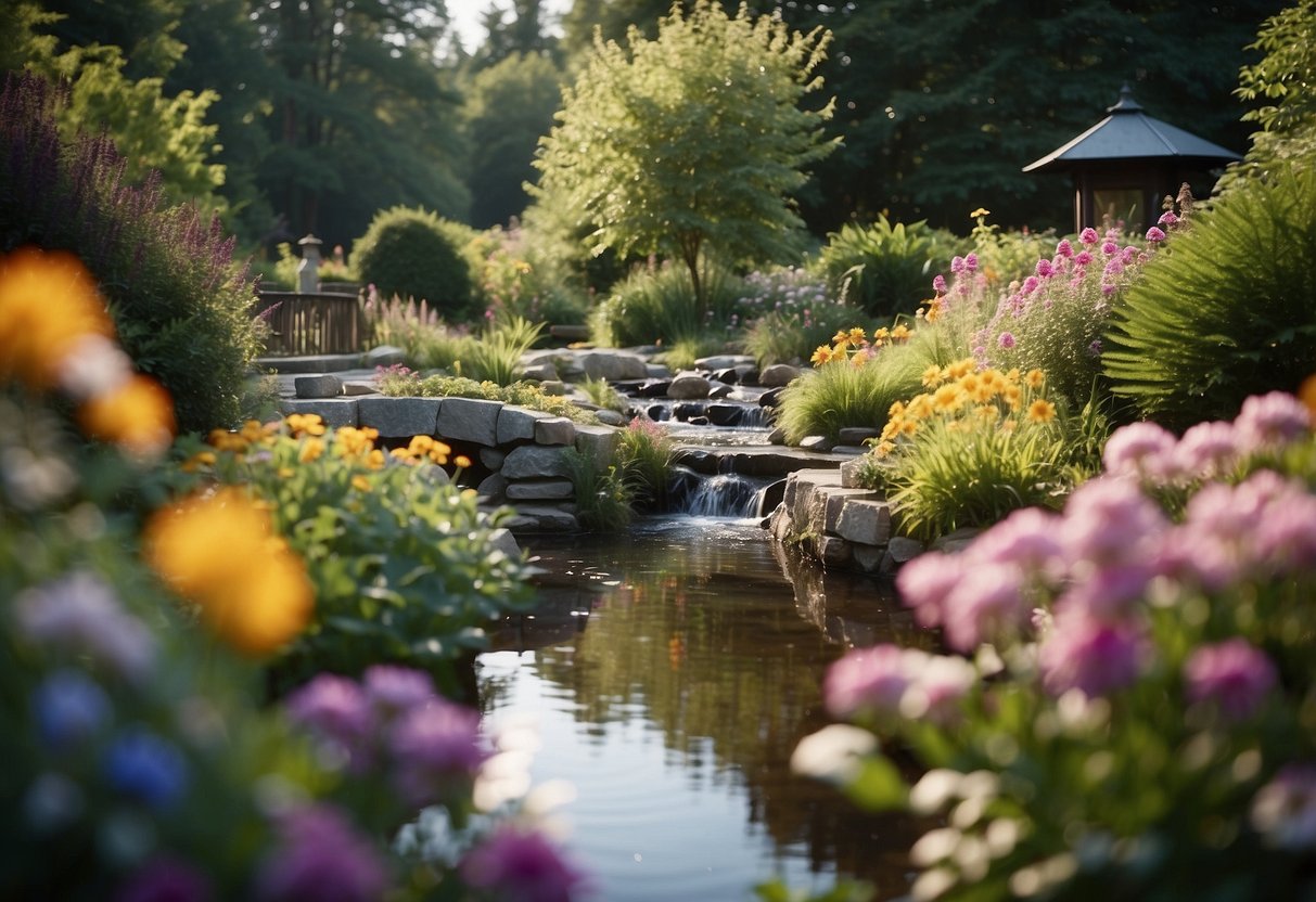 A tranquil garden with vibrant flowers and a flowing stream, reflecting the peaceful and nurturing spirit of Christiane Eiben's biography