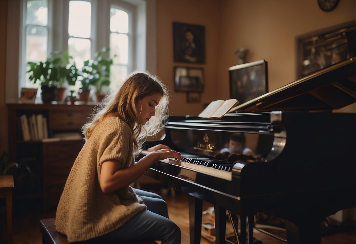 A young Christiane Eiben practices piano in her childhood home, surrounded by music sheets and instruments. The room is filled with the sound of her early musical beginnings