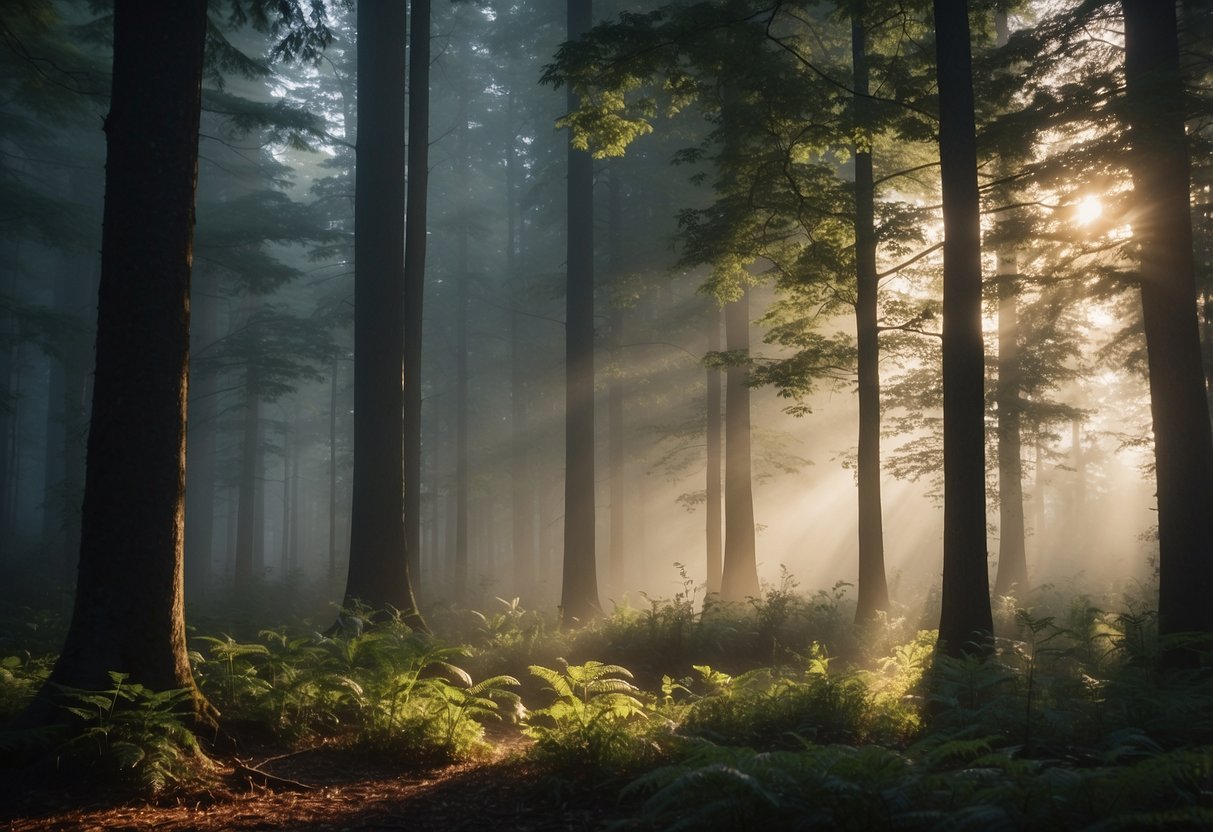 A serene forest clearing at dawn, with mist rising from the ground and sunlight filtering through the trees