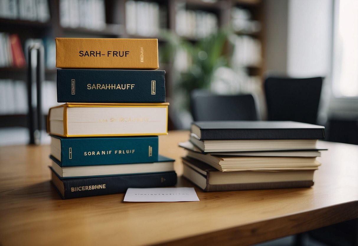 A stack of biographies with a name tag "Sarah Frühauf" on a desk