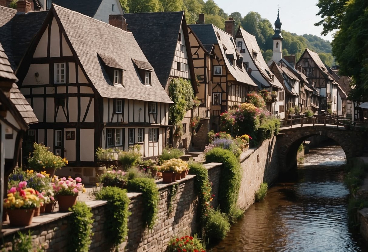 A quaint village with cobblestone streets, half-timbered houses, and blooming flower boxes. A small church steeple rises above the rooftops, and a winding river flows through the center of town