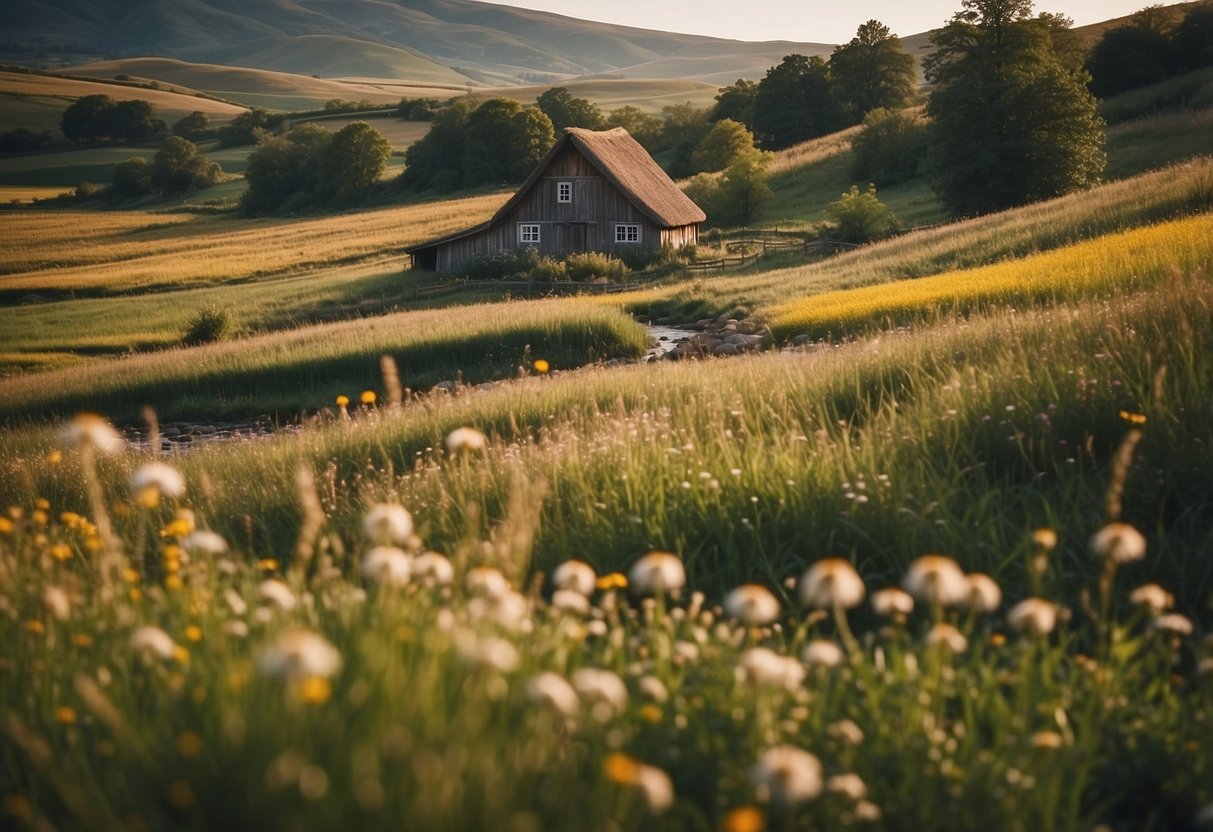 A rustic farmhouse with a thatched roof, surrounded by rolling hills and fields of wildflowers. A small stream runs through the property, and a family of deer grazes peacefully in the distance