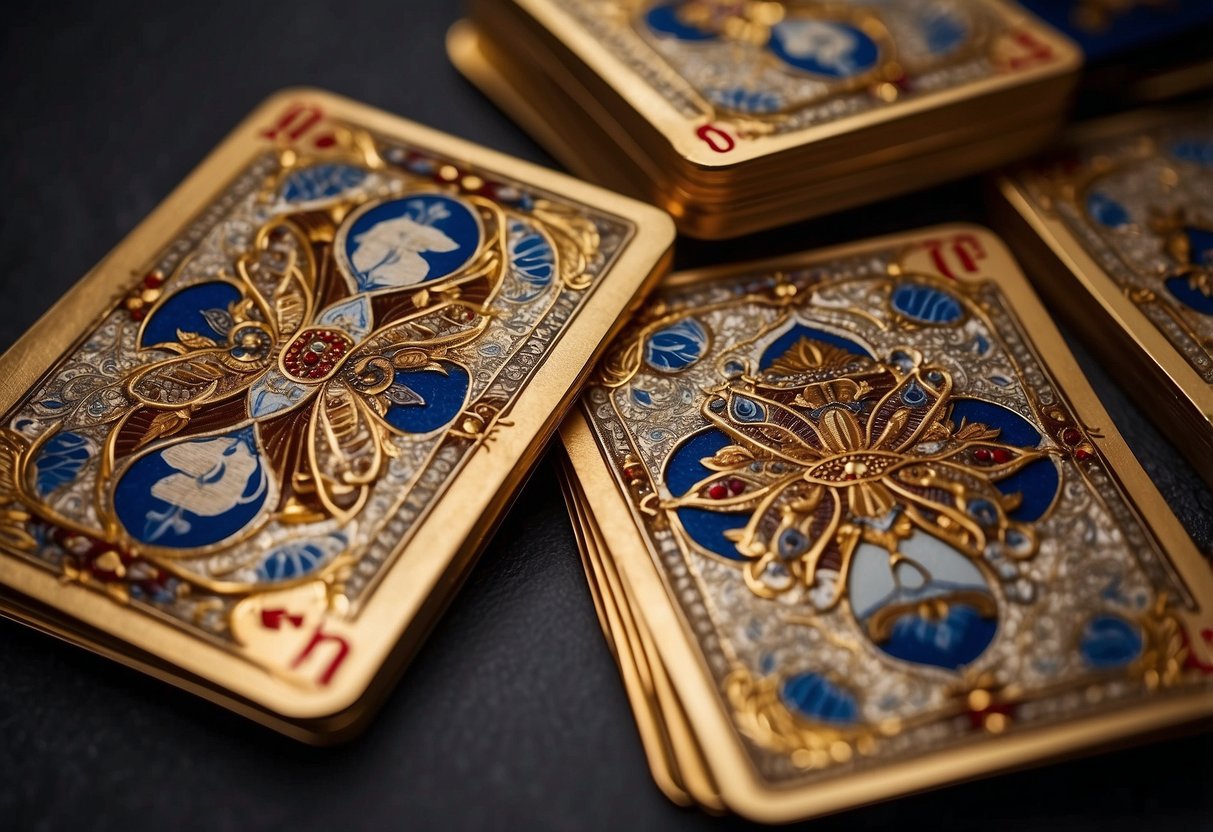 A vintage Dondorf playing card set with intricate designs and gold leaf embellishments