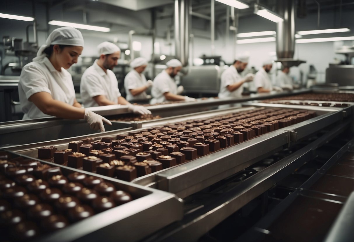 A bustling chocolate factory with conveyor belts, mixing vats, and workers packaging delicious chocolates