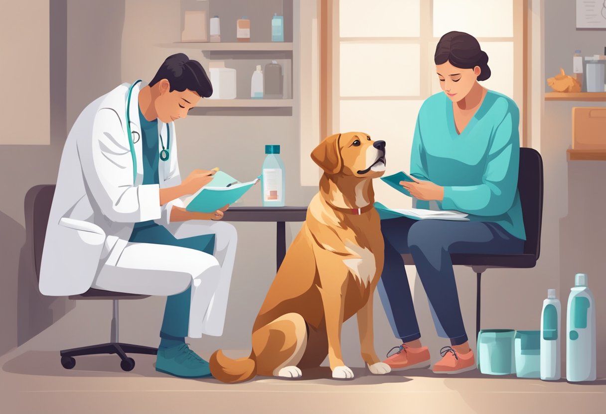 A dog with dry, flaky skin sits next to a concerned owner, while a veterinarian examines the pet and prescribes treatment