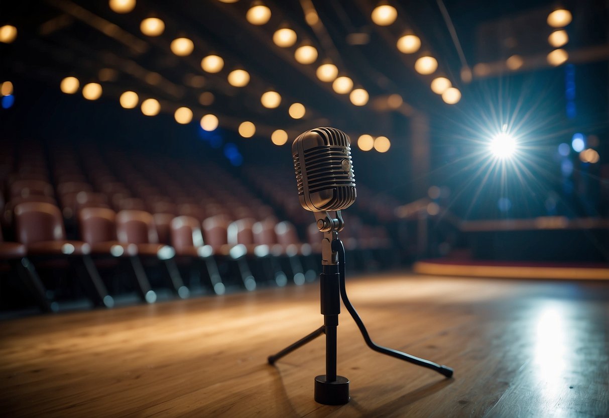 A spotlight illuminates a stage with a microphone and a chair, symbolizing the career and significant roles of Tom Wlaschiha