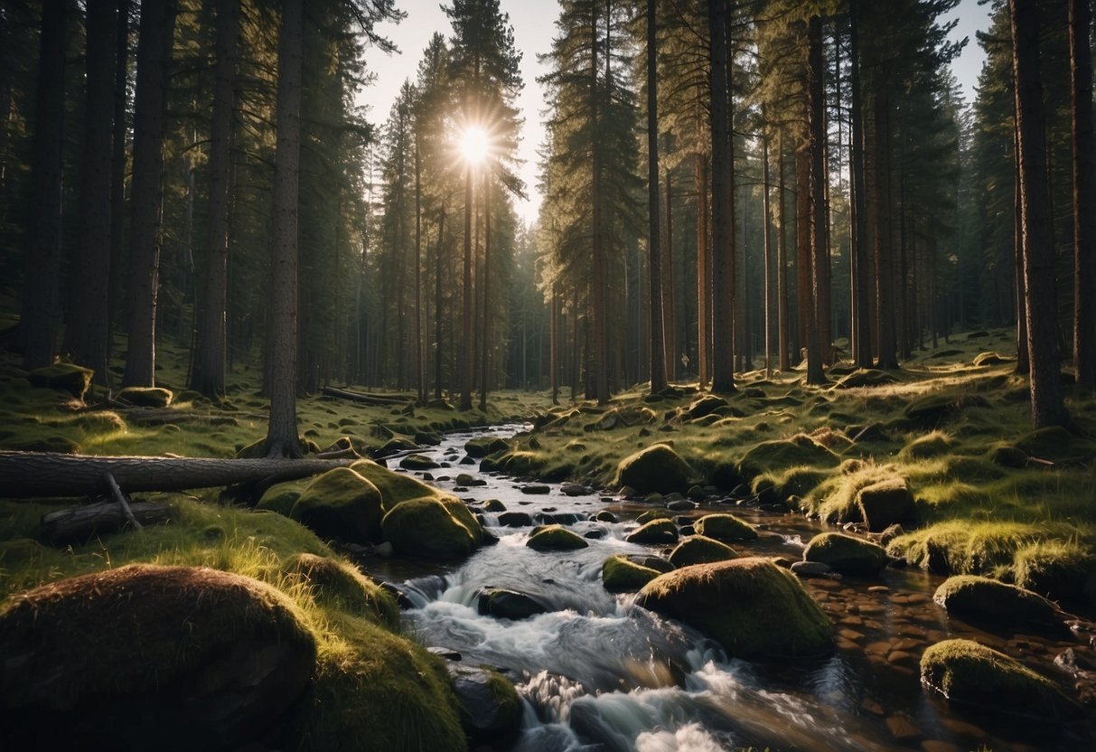 A serene forest with tall pine trees, a winding stream, and a gentle breeze