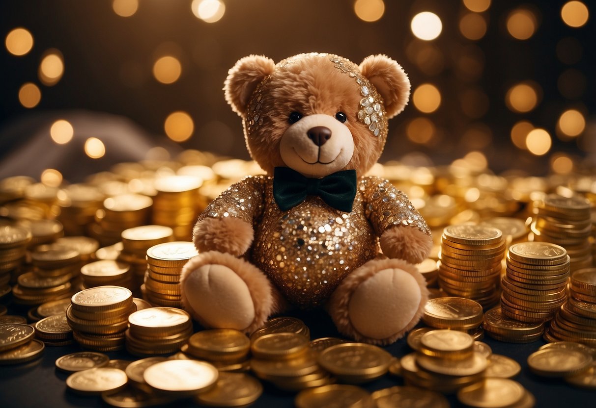 A luxurious teddy bear sits surrounded by piles of gold coins and sparkling jewels