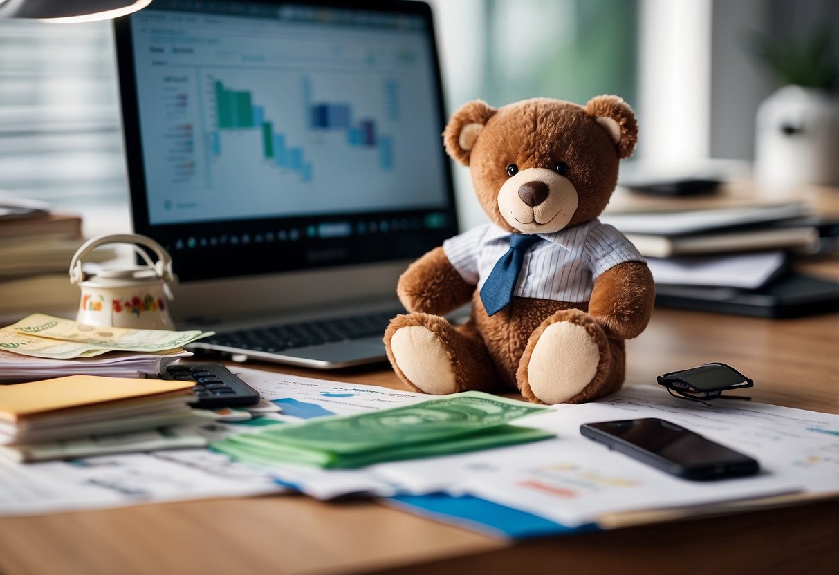 A teddy bear sits at a desk, surrounded by charts and graphs, with a laptop open and a stack of money on the table