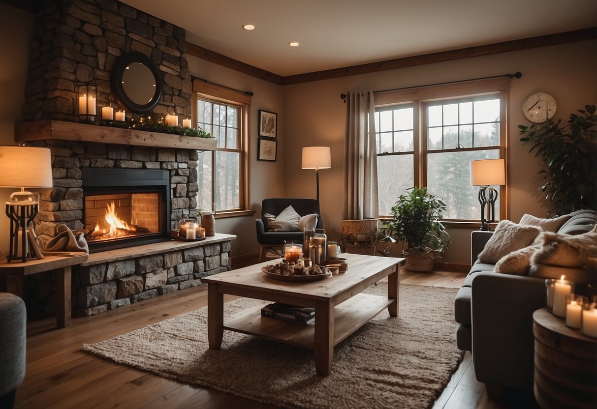 A cozy living room with a crackling fireplace and a warm, inviting atmosphere