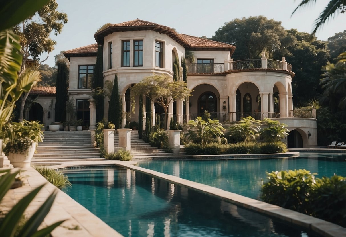 A luxurious mansion with modern architecture, surrounded by lush greenery and a sparkling pool