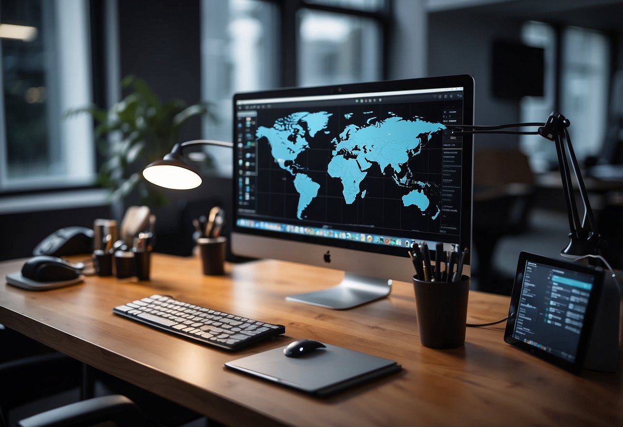 A modern office with a sleek desk, computer, and charts showing business growth. A confident atmosphere with a hint of success and professionalism