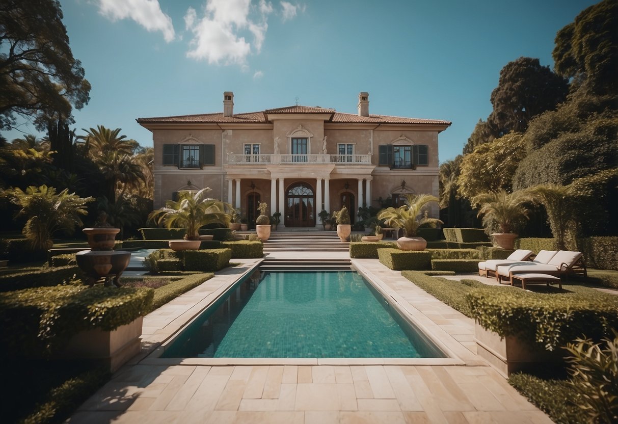 A luxurious mansion with a grand entrance, surrounded by lush gardens and a sparkling swimming pool