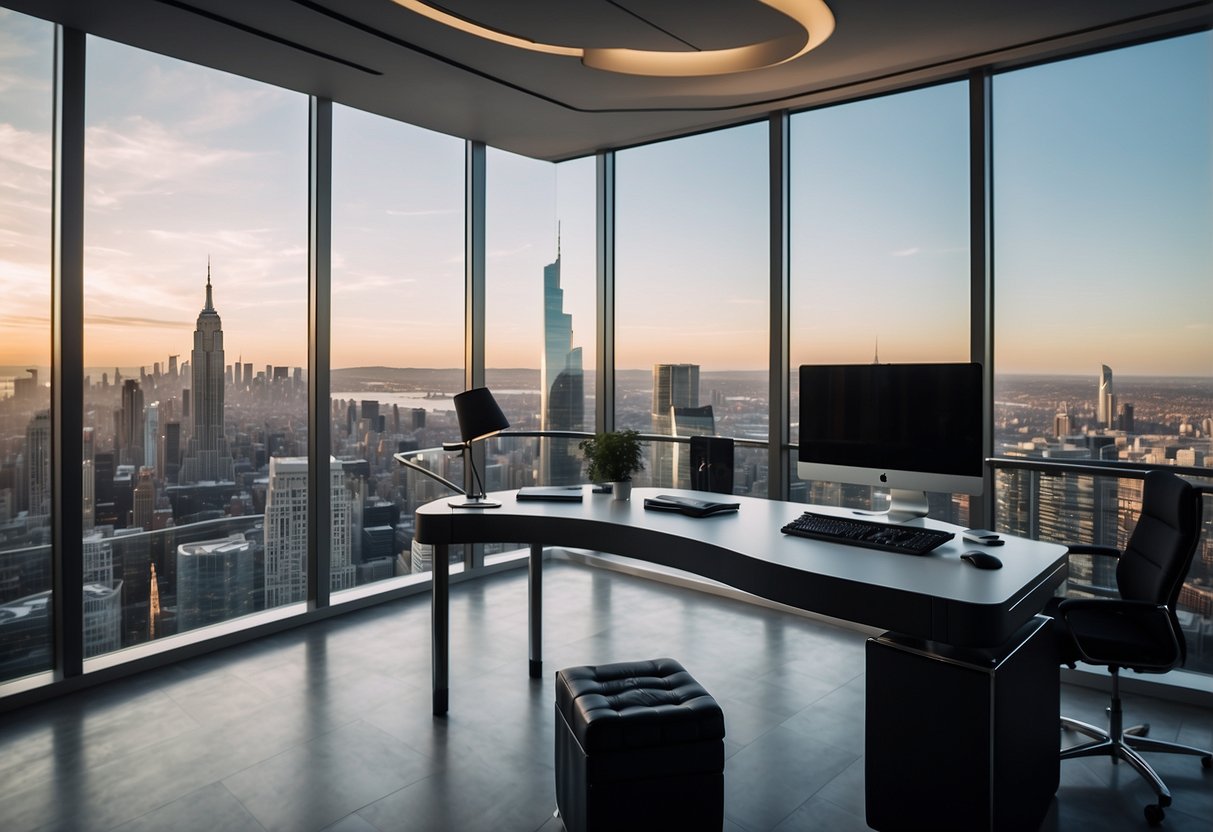 A luxurious office with a sleek desk, modern art on the walls, and a view of a city skyline through floor-to-ceiling windows