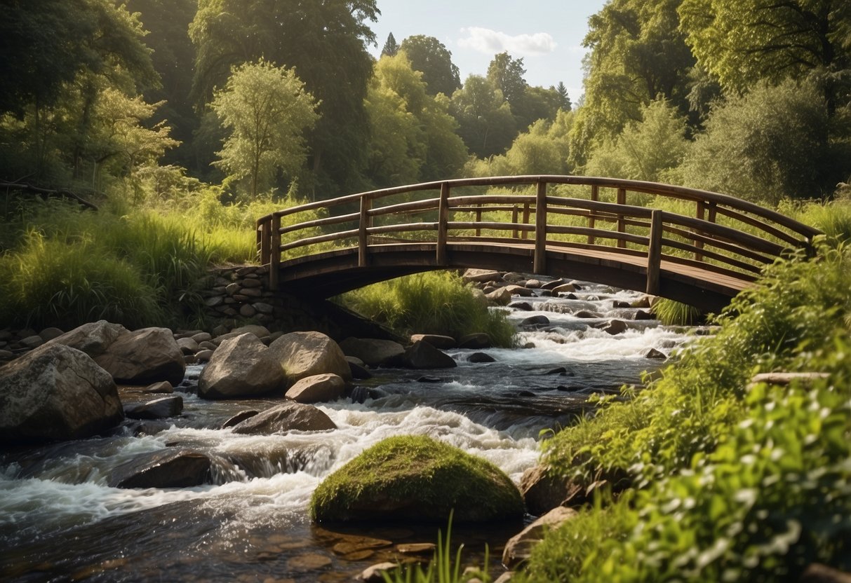 A tranquil countryside scene with a winding river, lush greenery, and a rustic wooden bridge