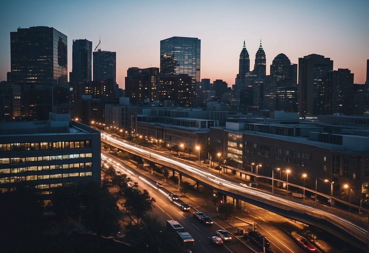 A bustling city skyline with a prominent hospital building in the background, surrounded by bustling streets and busy traffic